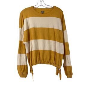 Aerie Sweater Marigold Yellow Striped Lantern Sleeve Cinch Tie Slouch Size Small